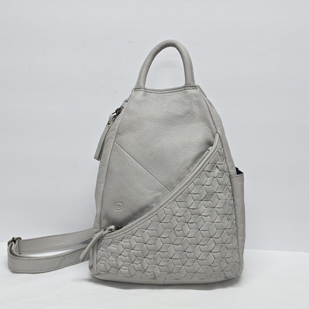 Born Millport Sling Backpack Bag In Woven Light Gray Soft Leather Boho Travel